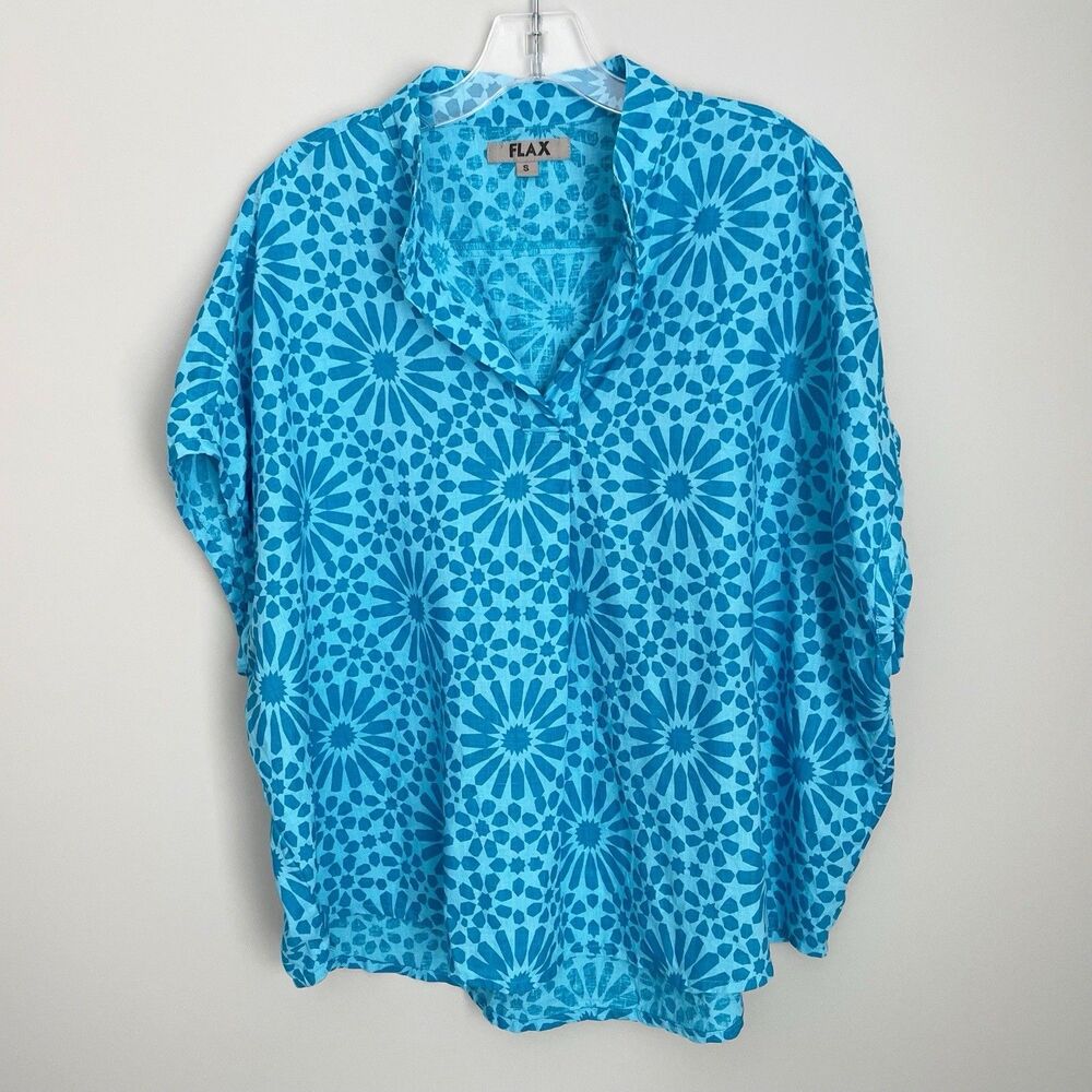 Flax Size S Blue Geometric Geo Print Oversized Shirt Linen Lagenlook